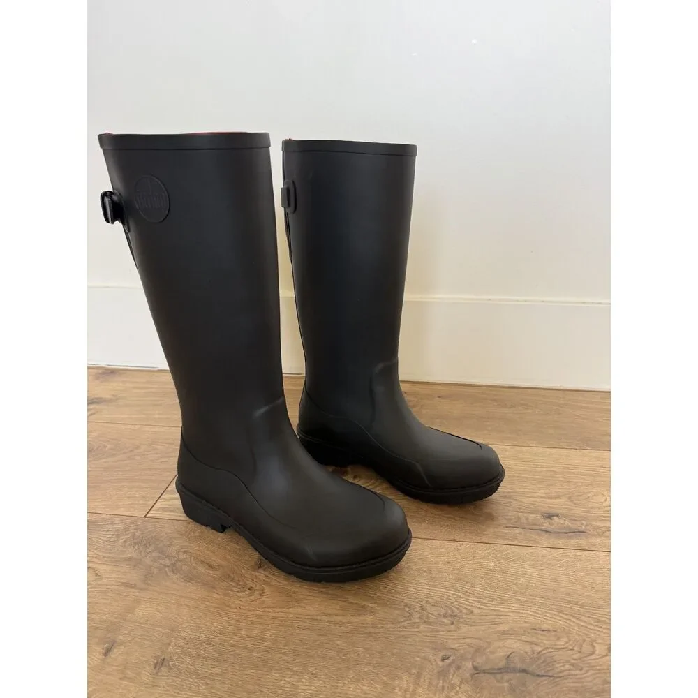 FITFLOP 6 WonderWelly Wellies Black Rubber Rain Boots Tall Womens waterproof